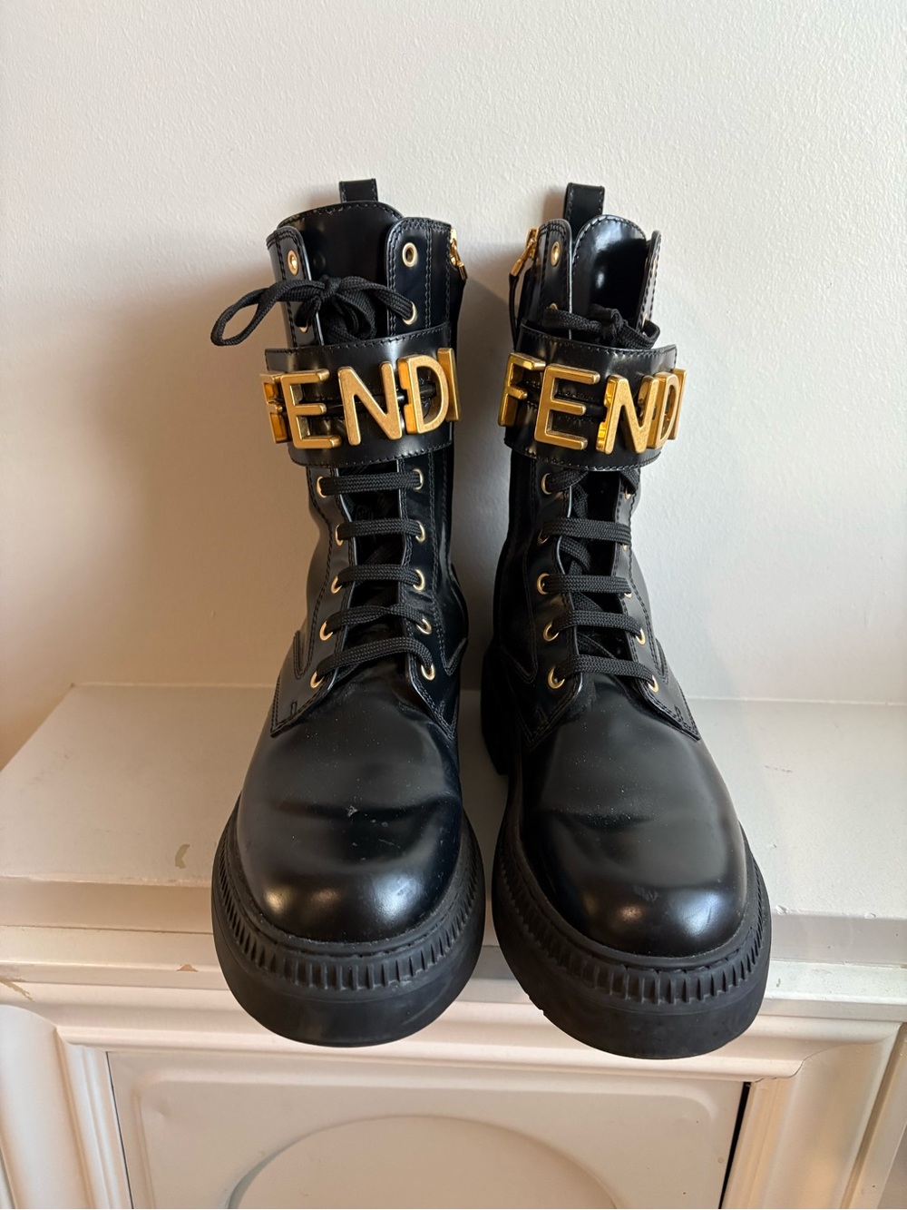 Fendi Black Leather Combat Boots with Gold Logo Strap